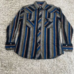 Wrangler Men's Striped Shirt - Blue, Gray, Brown pearl snap